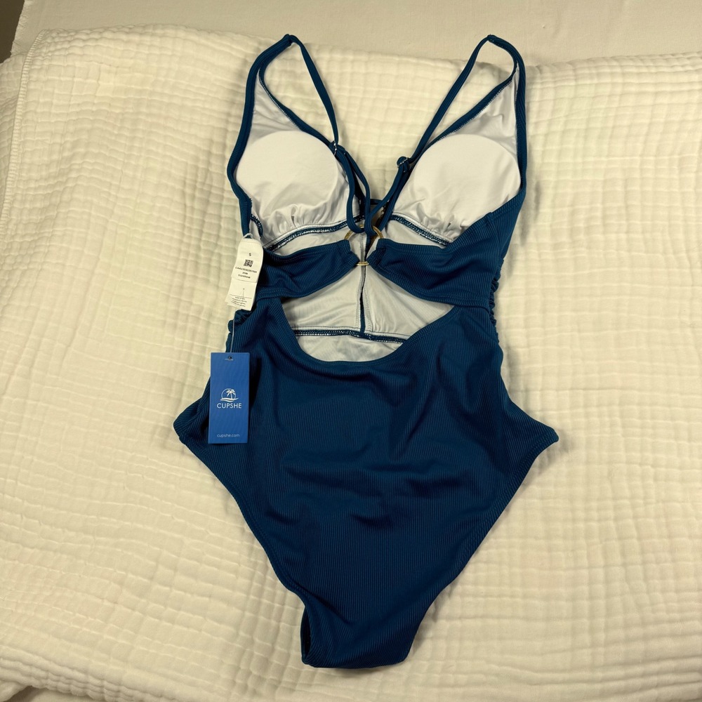 Cupshe One Piece Swimsuit S Teal Blue Ribbed Ruched Starfish Charm Cutout Back - Picture 13 of 15